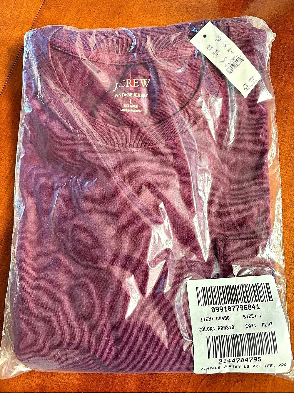 J.Crew Vintage Jersey Pocket T-Shirt Long Sleeve Size Large PLUM NWT